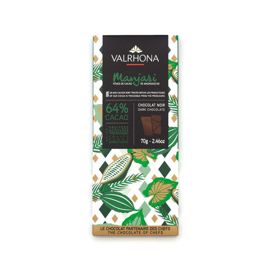 Valrhona Manjari dark chocolate bar packaging with green leaf design on a white background