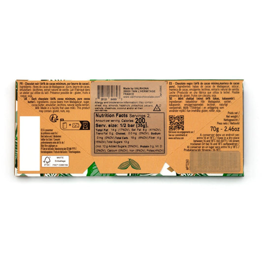 Chocolate bar packaging with nutritional information on a white background
