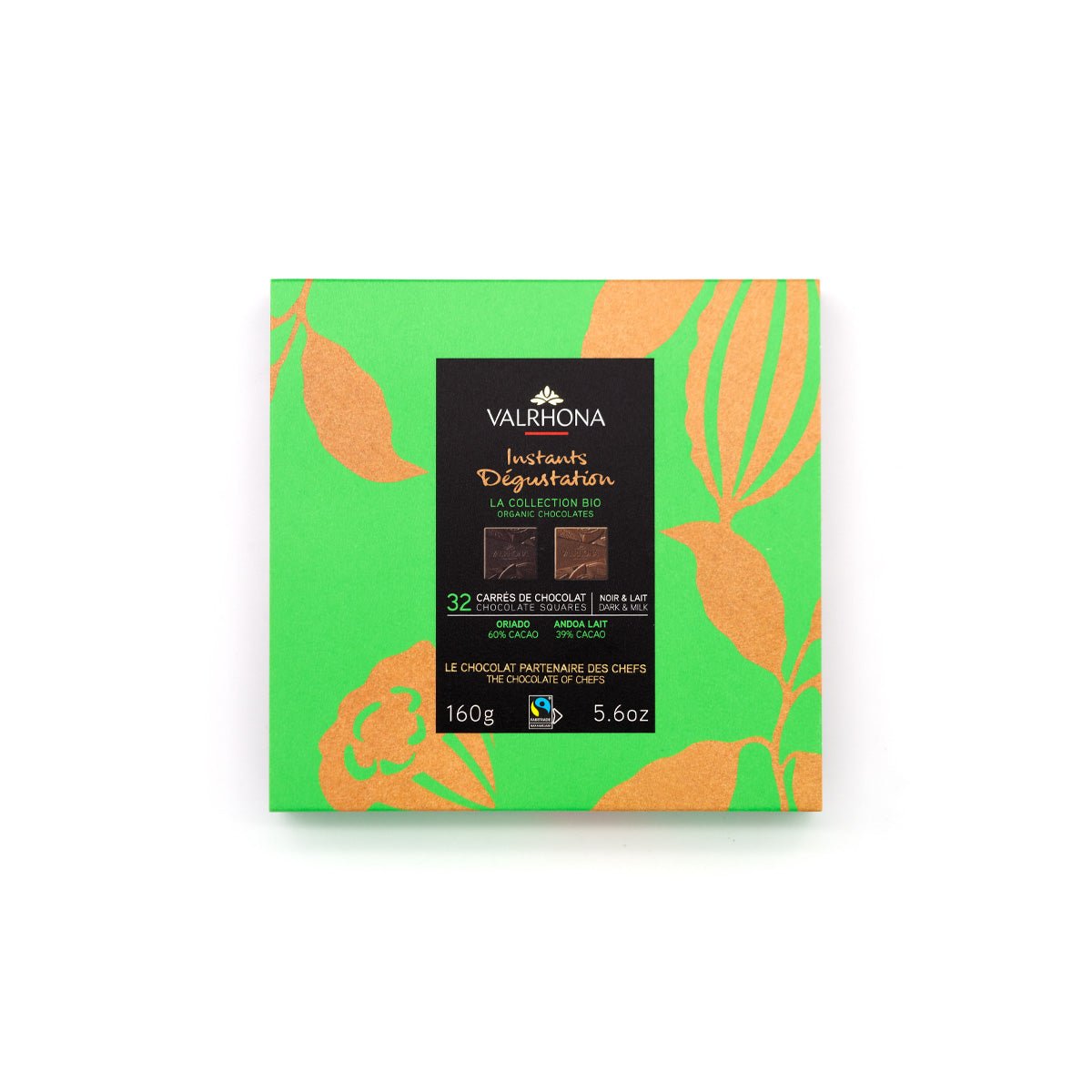 Valrhona chocolate packaging with green and orange design on a white background