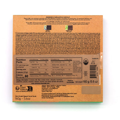 Back of a chocolate packaging with nutritional information and branding on a white background