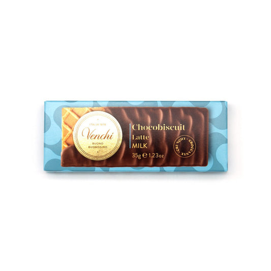 Venchi Chocobiscuit chocolate bar packaging on a white background
