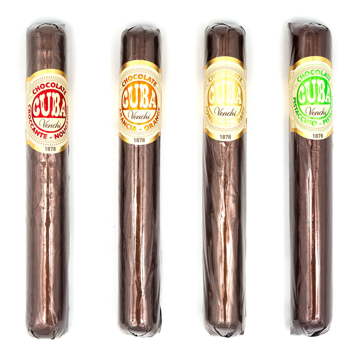 Four Venchi chocolate cigars with classic 'Cuba' labeling on a white background