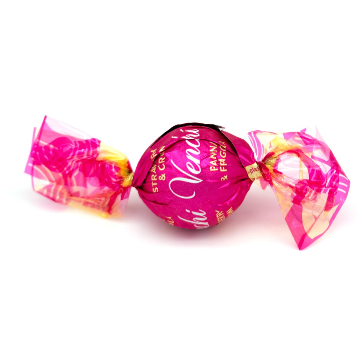 Round candy with bright pink wrapper on a white background