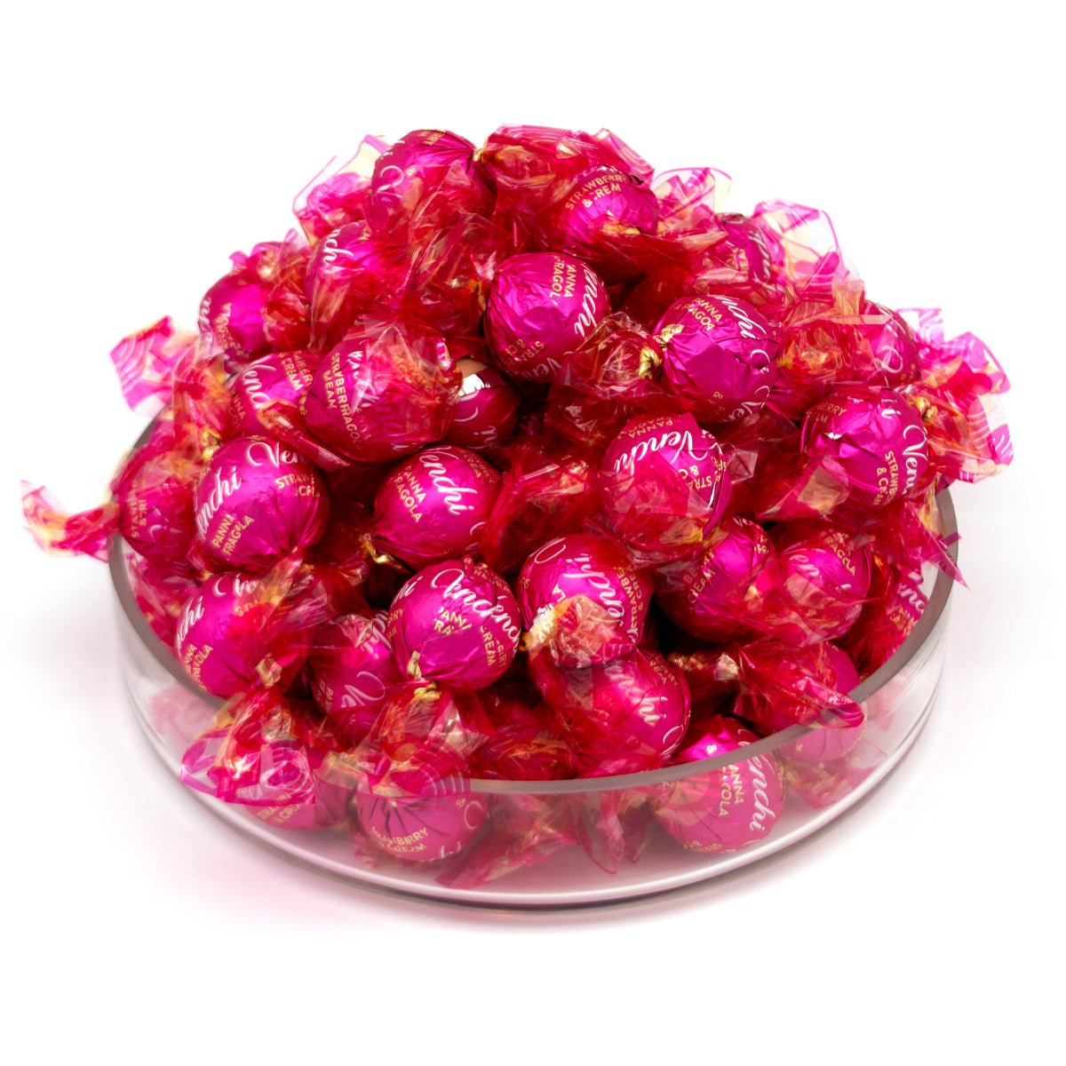 Large dish of pink wrapped candies