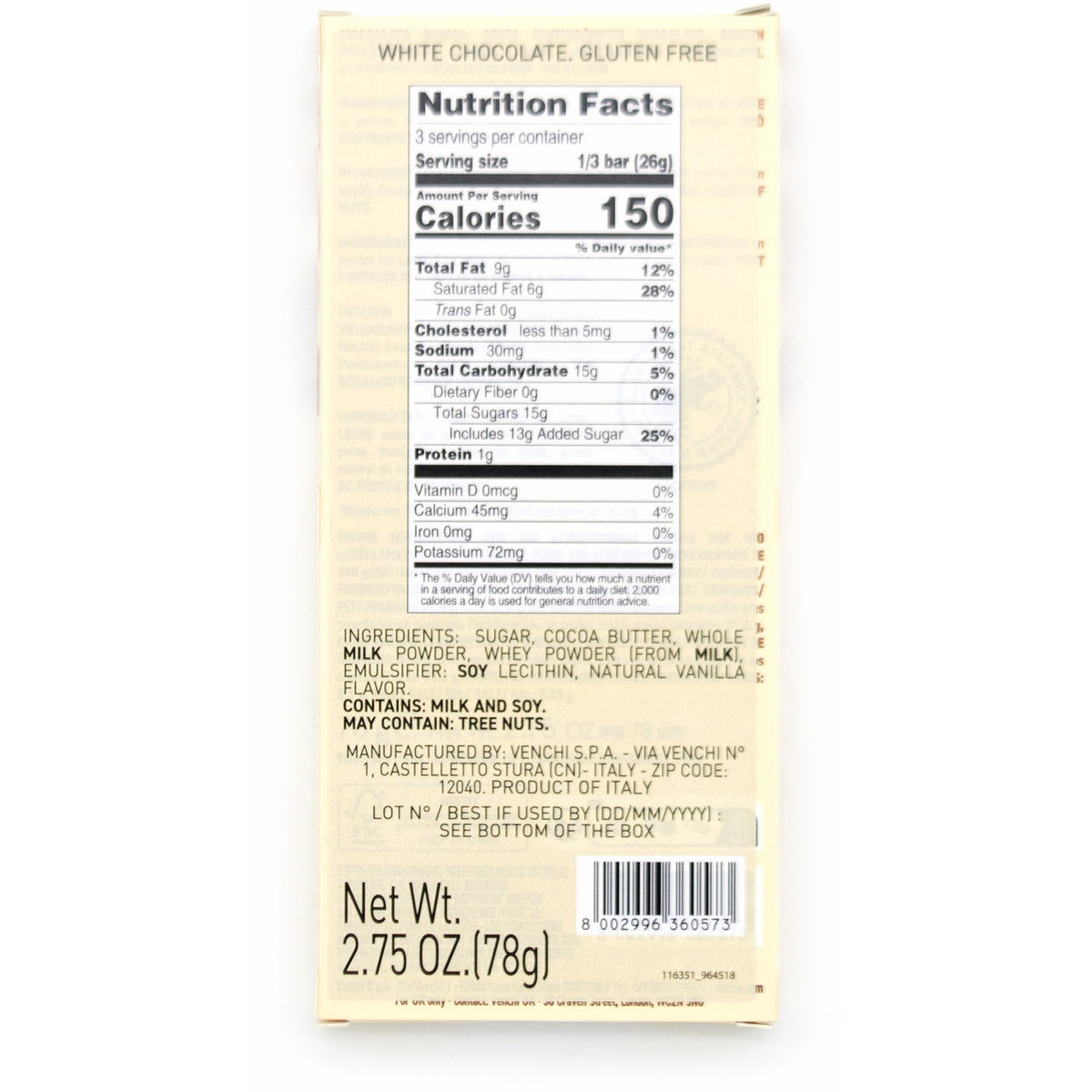 Venchi Vanigliato Goloso 31% White Chocolate Bar - 78g